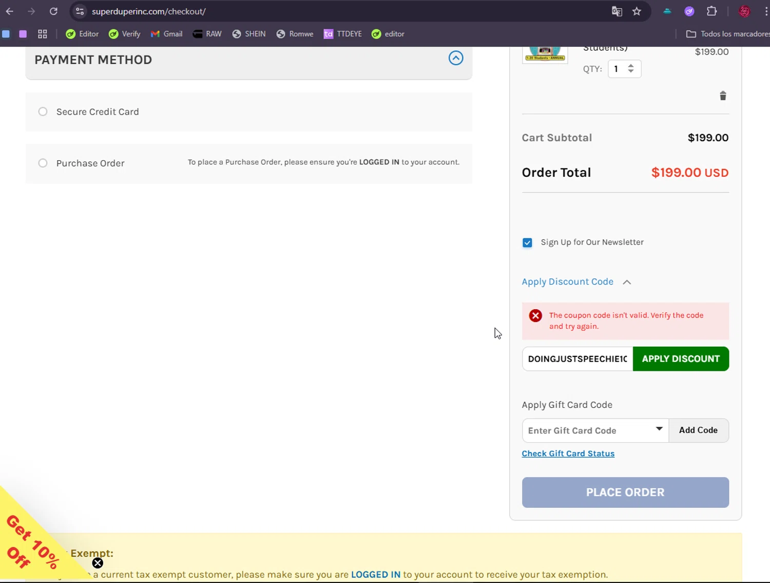 Super Duper promo code screenshot showing code DOINGJUSTSPEECHIE10 applied at Super Duper checkout page. Uploaded by SimplyCodes community member Hyupat on Sep 9, 2025