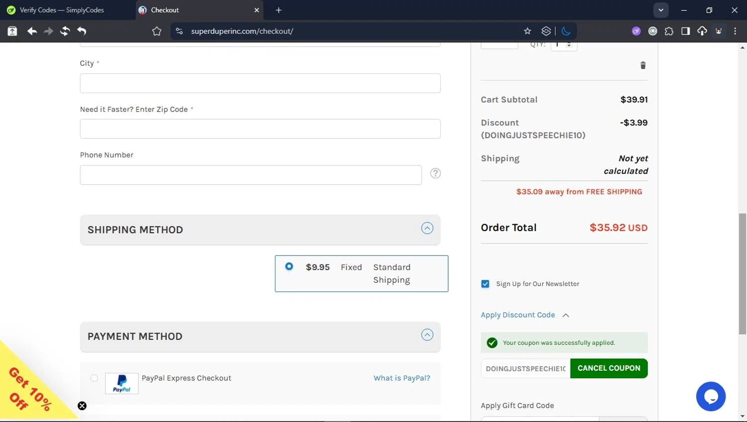 Super Duper promo code screenshot showing code DOINGJUSTSPEECHIE10 applied at Super Duper checkout page. Uploaded by SimplyCodes community member User_Randon1 on Oct 8, 2025