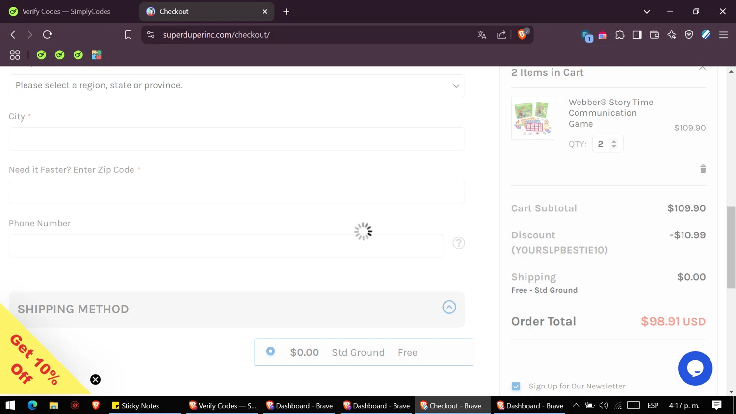 Super Duper promo code screenshot showing code YOURSLPBESTIE10 applied at Super Duper checkout page. Uploaded by SimplyCodes community member VictoriousSaver2809 on Mar 30, 2025