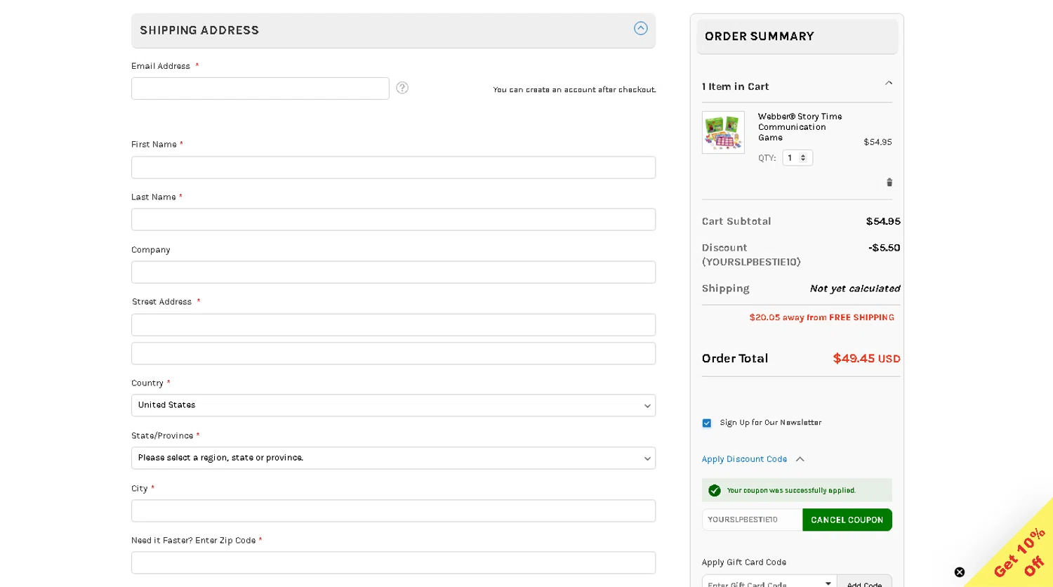 Super Duper promo code screenshot showing code YOURSLPBESTIE10 applied at Super Duper checkout page. Uploaded by SimplyCodes community member carlosra07 on Feb 18, 2025