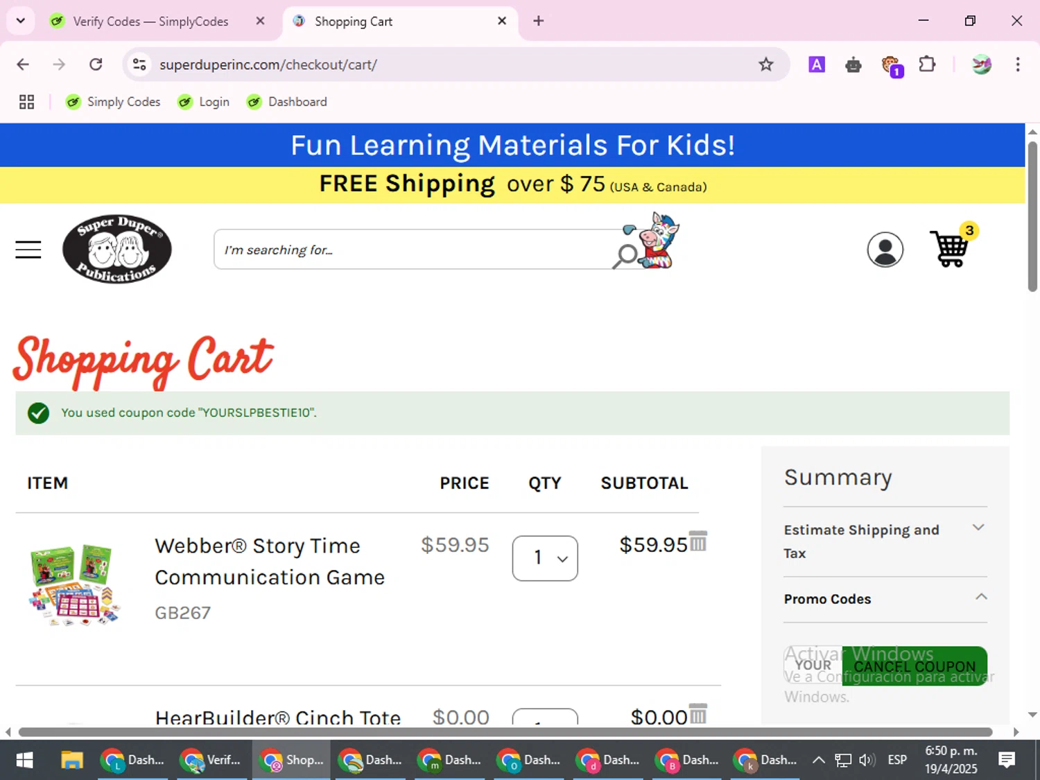 Super Duper promo code screenshot showing code YOURSLPBESTIE10 applied at Super Duper checkout page. Uploaded by SimplyCodes community member SilverExpert5694 on Apr 19, 2025