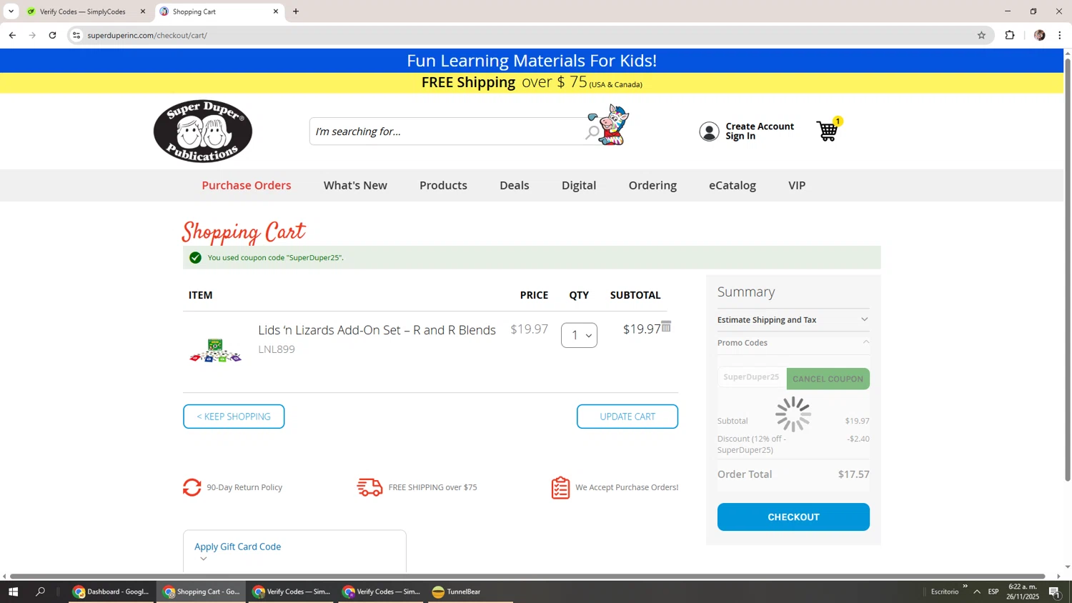 Super Duper checkout page showing Super Duper promo code box | Screenshot taken by SimplyCodes community member on Nov 26, 2025