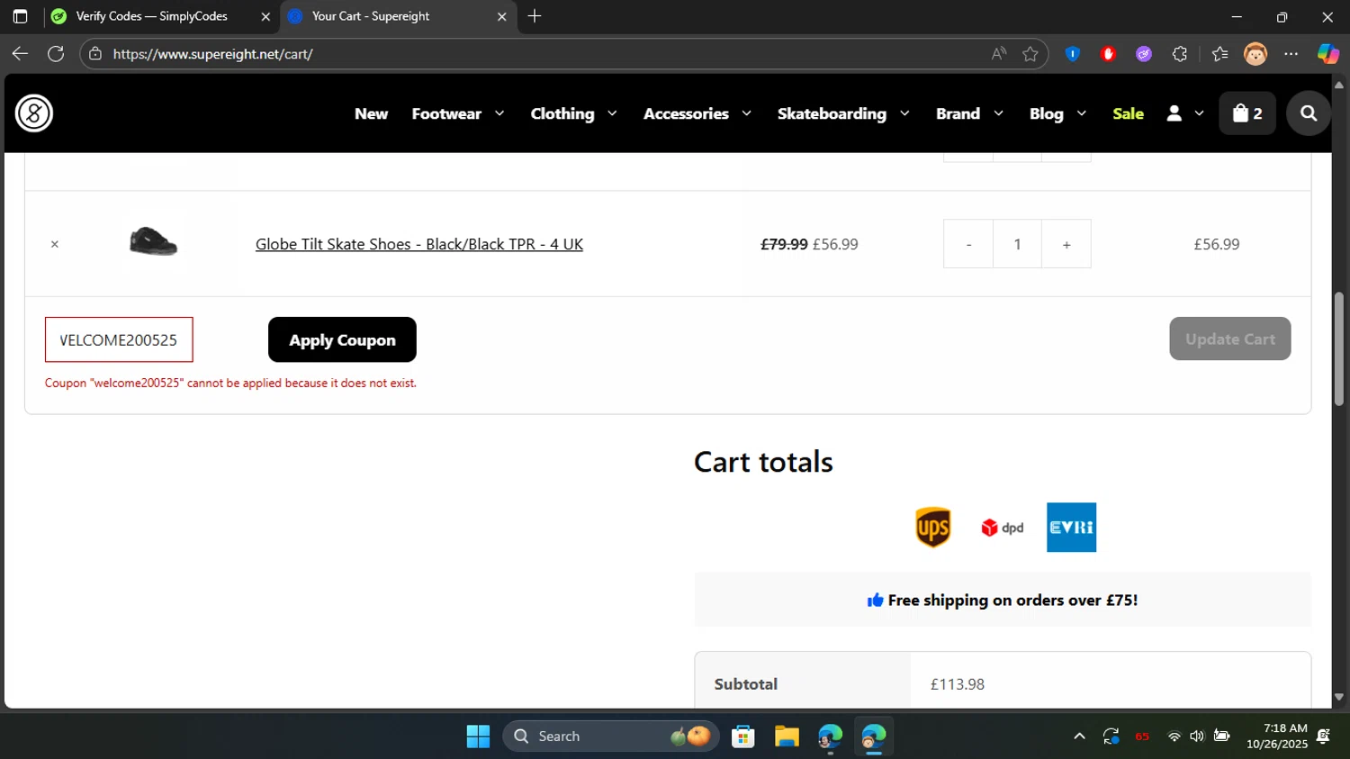 Supereight promo code screenshot showing code WELCOME200525 applied at Supereight checkout page. Uploaded by SimplyCodes community member Don_Quixote on Oct 26, 2025