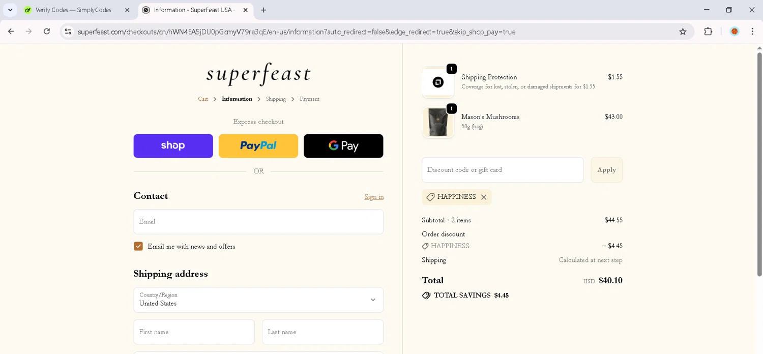 SuperFeast discount code screenshot showing code HAPPINESS applied at SuperFeast checkout page. Uploaded by SimplyCodes community member RoyalMaverick7546 on Oct 17, 2025