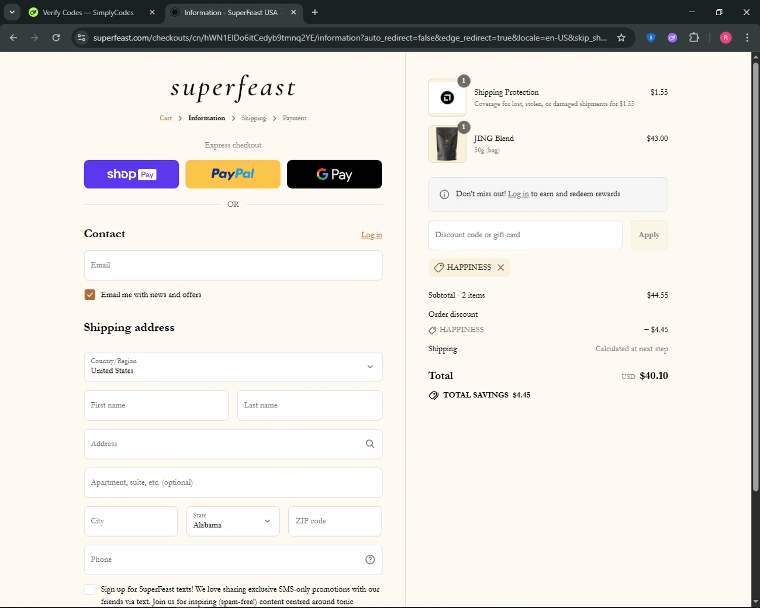 SuperFeast discount code screenshot showing code HAPPINESS applied at SuperFeast checkout page. Uploaded by SimplyCodes community member ThriftyGuardian8485 on Jul 30, 2025