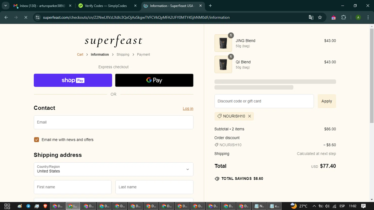 SuperFeast discount code screenshot showing code NOURISH10 applied at SuperFeast checkout page. Uploaded by SimplyCodes community member CashLynx5338 on Jan 7, 2025