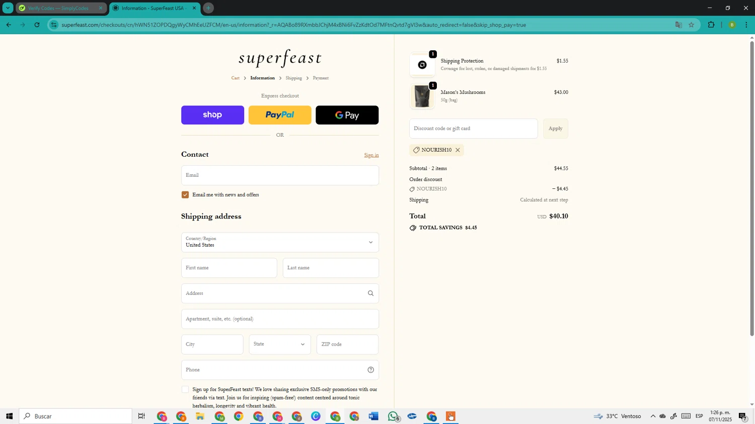 SuperFeast discount code screenshot showing code NOURISH10 applied at SuperFeast checkout page. Uploaded by SimplyCodes community member TokenOwl8222 on Nov 7, 2025