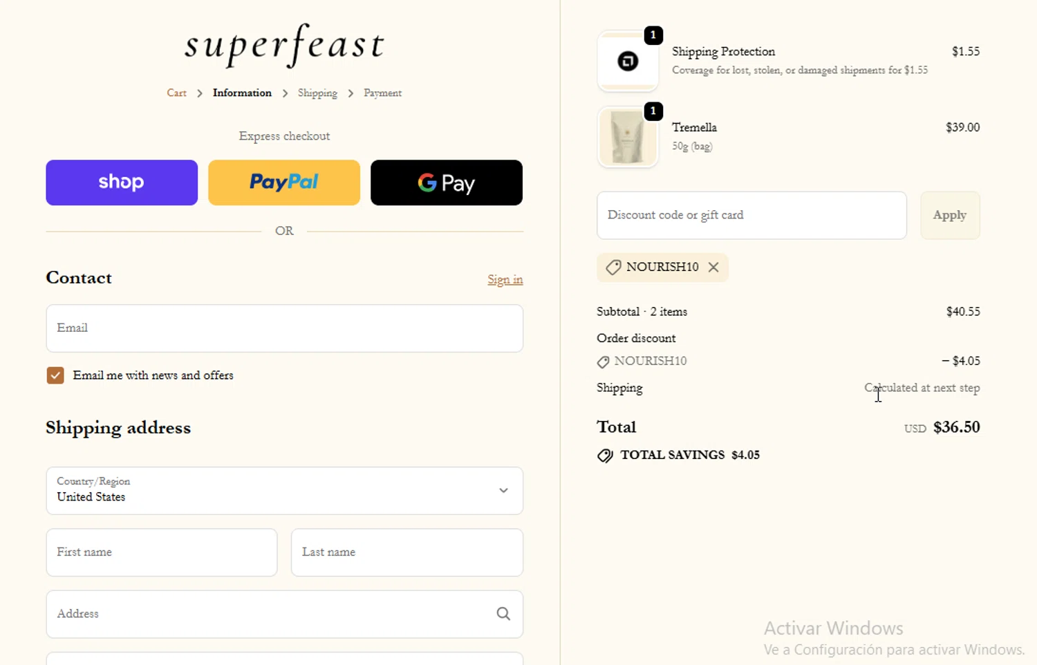 SuperFeast discount code screenshot showing code NOURISH10 applied at SuperFeast checkout page. Uploaded by SimplyCodes community member VictoriousElite9587 on Oct 17, 2025