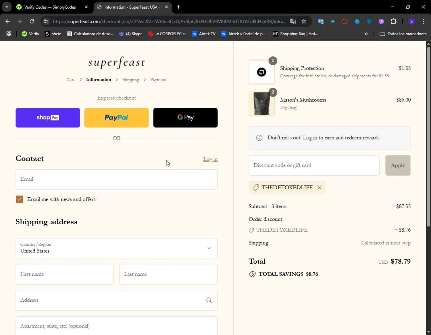 SuperFeast discount code screenshot showing code thedetoxedlife applied at SuperFeast checkout page. Uploaded by SimplyCodes community member LuckyFinder274 on Jul 9, 2025