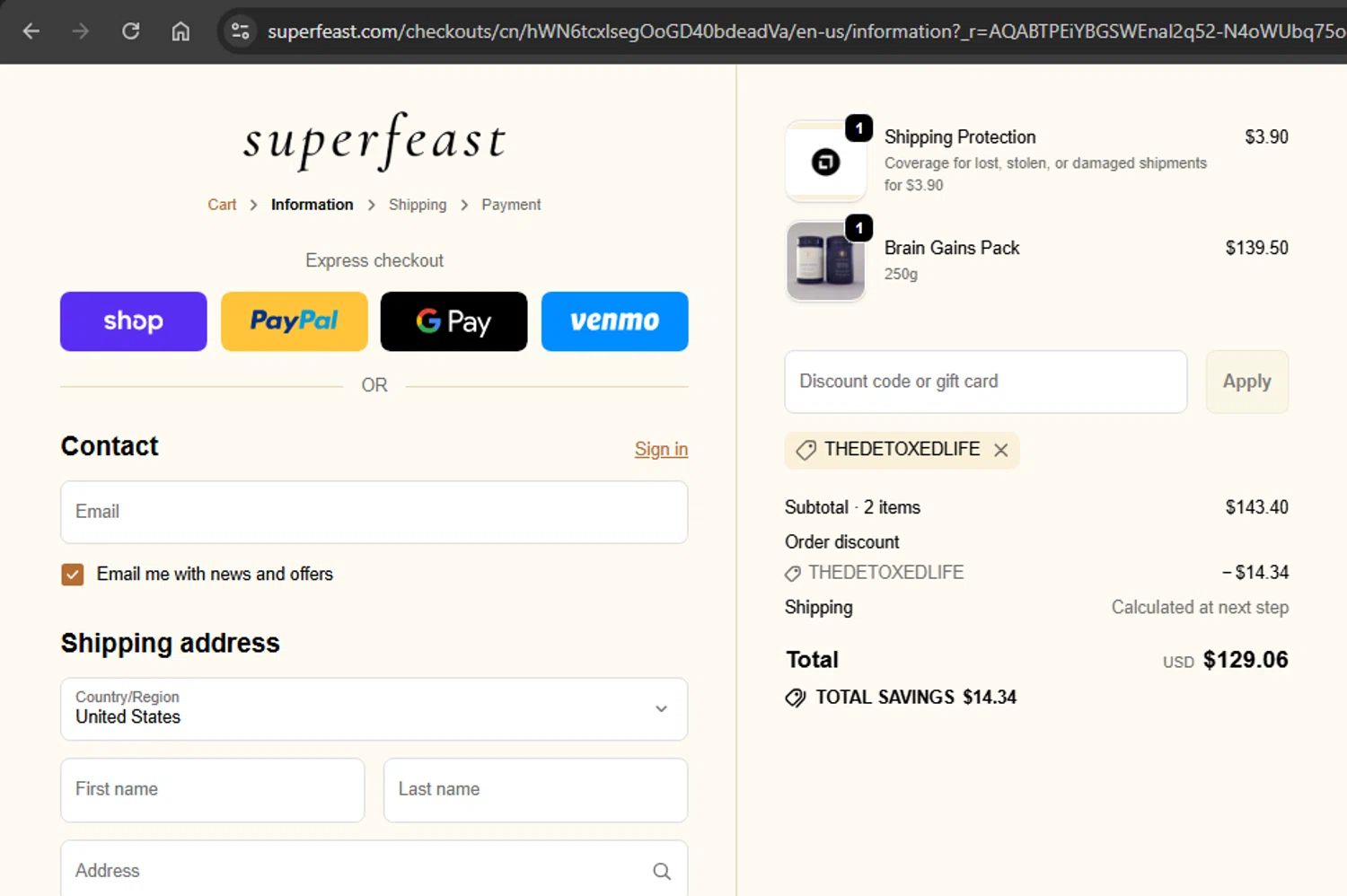 SuperFeast discount code screenshot showing code thedetoxedlife applied at SuperFeast checkout page. Uploaded by SimplyCodes community member xAngel on Dec 27, 2025
