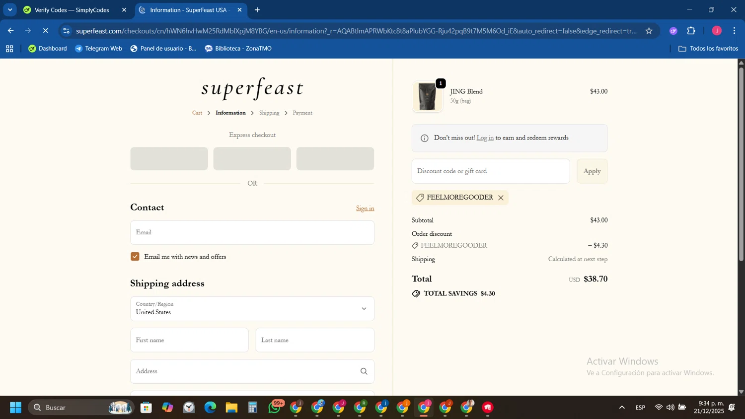 SuperFeast discount code screenshot showing code FEELMOREGOODER applied at SuperFeast checkout page. Uploaded by SimplyCodes community member Tryhard on Dec 22, 2025