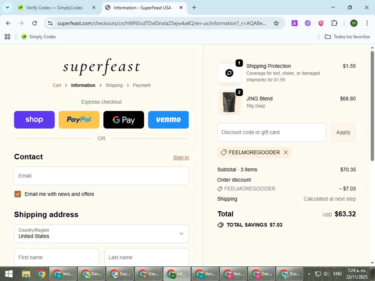 SuperFeast discount code screenshot showing code FEELMOREGOODER applied at SuperFeast checkout page. Uploaded by SimplyCodes community member VoucherCollector9196 on Nov 23, 2025