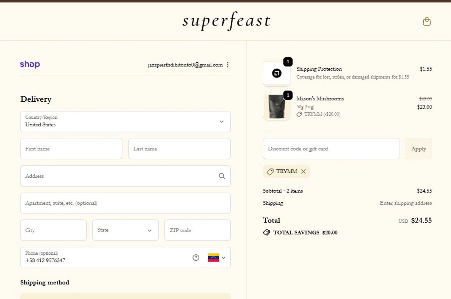 SuperFeast discount code screenshot showing code TRYMM applied at SuperFeast checkout page. Uploaded by SimplyCodes community member MagnificentCollector7829 on Dec 9, 2025