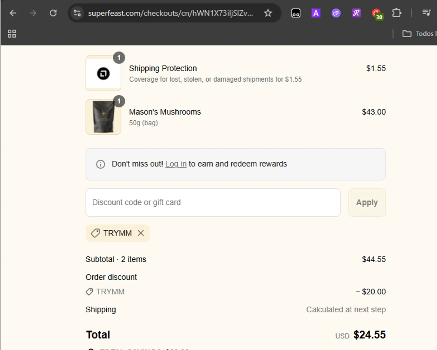 SuperFeast discount code screenshot showing code TRYMM applied at SuperFeast checkout page. Uploaded by SimplyCodes community member Carolina23 on Aug 7, 2025