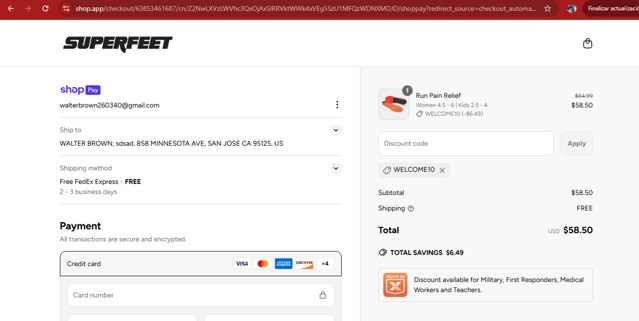 Superfeet checkout page showing Superfeet discount code box | Screenshot taken by SimplyCodes community member on May 8, 2025