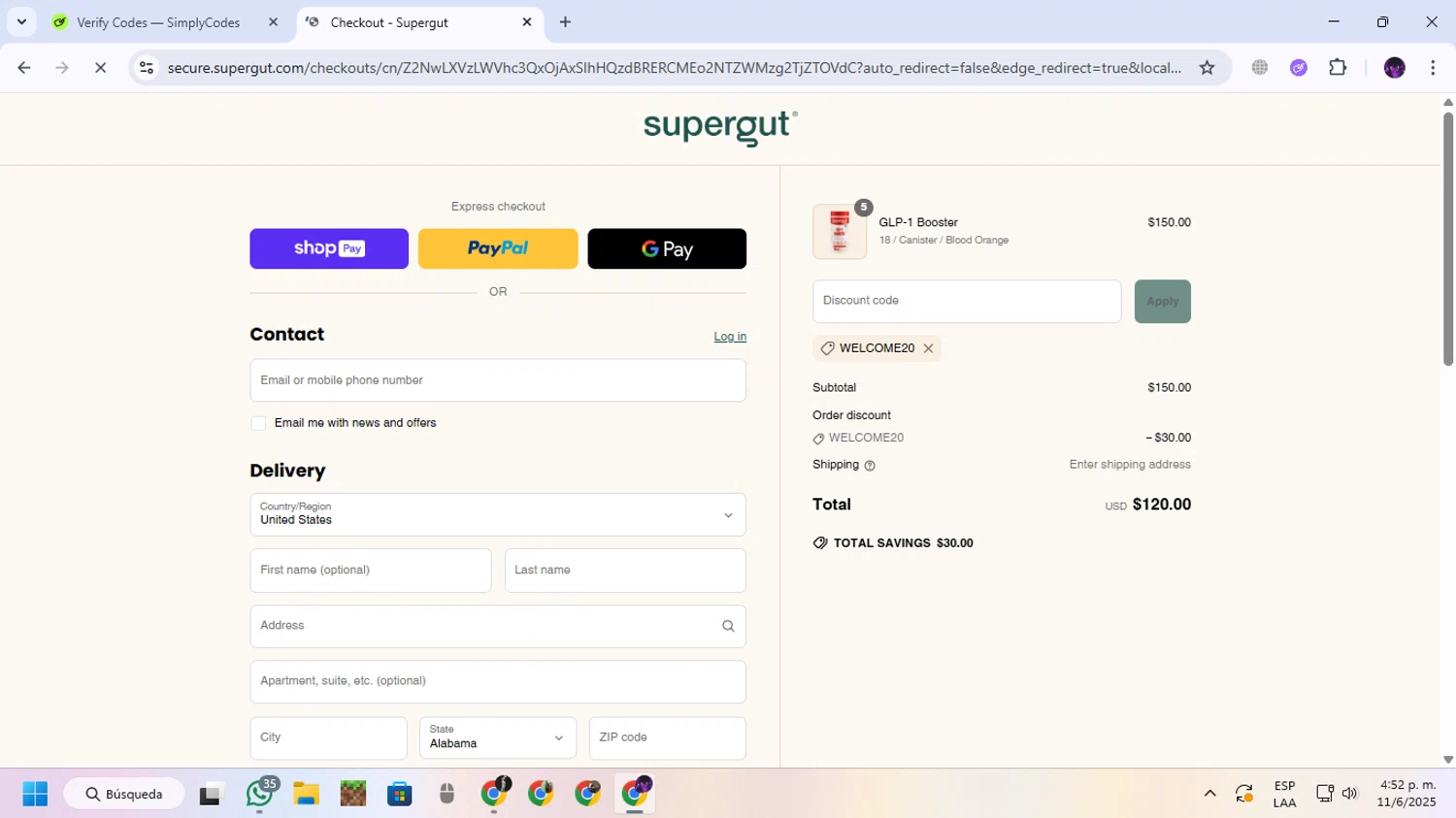 Supergut coupon code screenshot showing code WELCOME20 applied at Supergut checkout page. Uploaded by SimplyCodes community member GloriousGuardian9063 on Jun 11, 2025