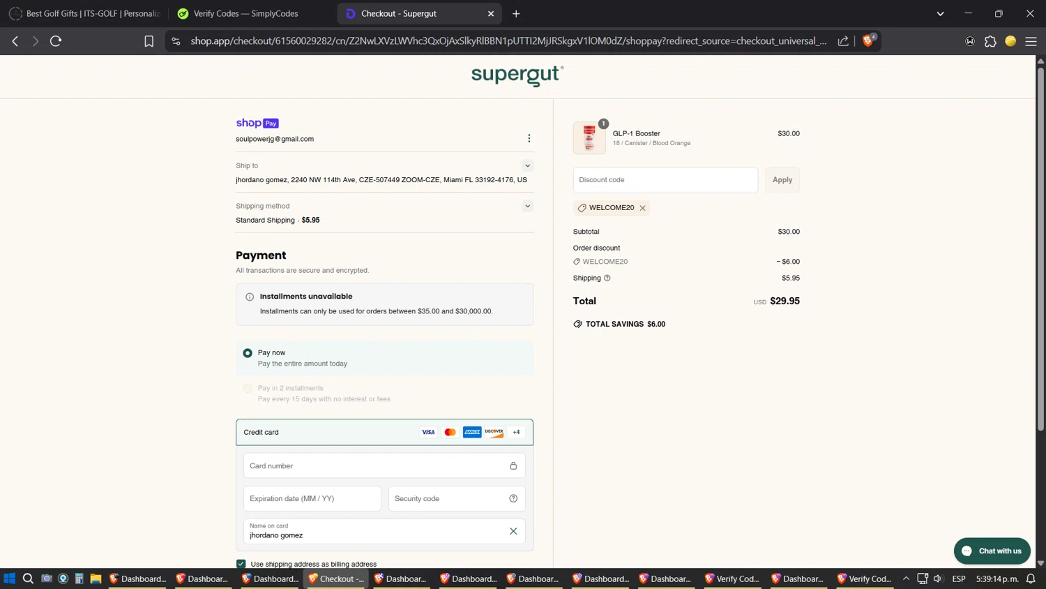 Supergut coupon code screenshot showing code WELCOME20 applied at Supergut checkout page. Uploaded by SimplyCodes community member ZoilaPerrita on Jun 18, 2025