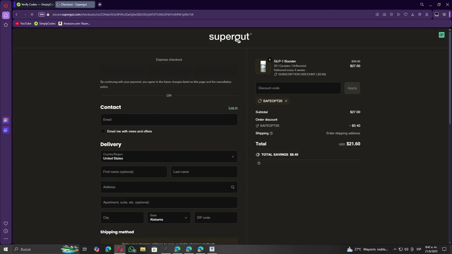 Supergut coupon code screenshot showing code SAFEOPT20 applied at Supergut checkout page. Uploaded by SimplyCodes community member Gojira on Jun 21, 2025
