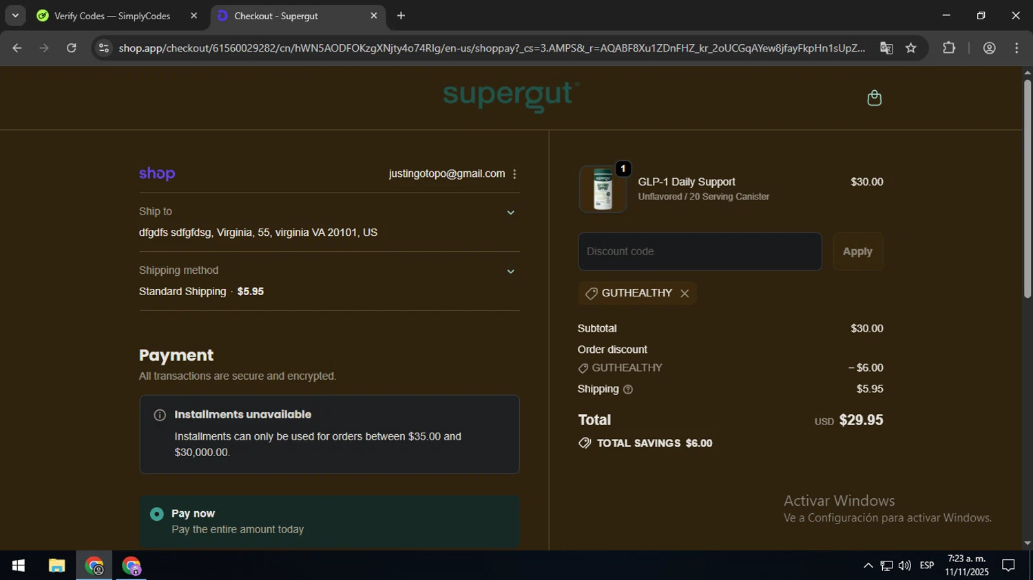 Supergut checkout page showing Supergut coupon code box | Screenshot taken by SimplyCodes community member on Nov 11, 2025