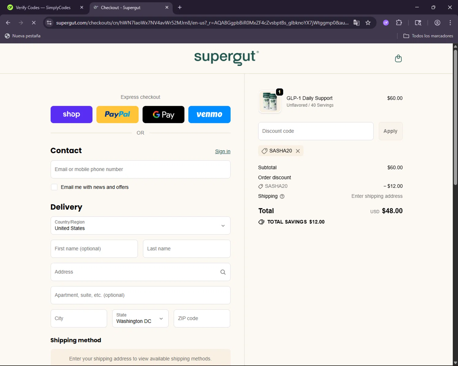 Supergut checkout page showing Supergut coupon code box | Screenshot taken by SimplyCodes community member on Jan 6, 2026