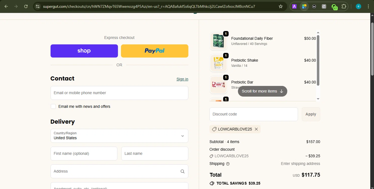 Supergut promo code screenshot showing code LOWCARBLOVE25 applied at Supergut checkout page. Uploaded by SimplyCodes community member PrincessCoupon on Jan 16, 2026