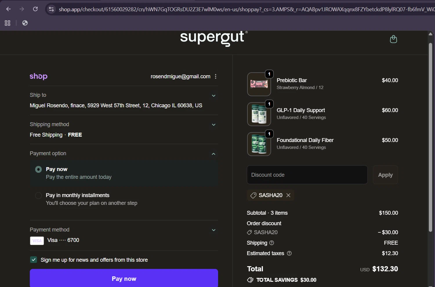 Supergut coupon code screenshot showing code SASHA20 applied at Supergut checkout page. Uploaded by SimplyCodes community member ScanHunter7116 on Jan 6, 2026