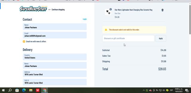 SuperHeroStuff checkout page showing SuperHeroStuff promo code box | Screenshot taken by SimplyCodes community member on Aug 16, 2025