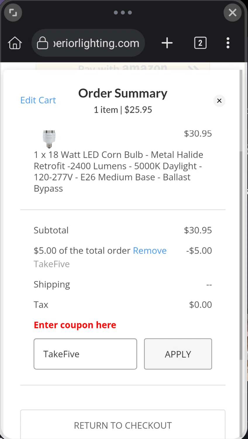 Superior lighting coupon code screenshot showing code TakeFive applied at Superior lighting checkout page. Uploaded by SimplyCodes community member GumballWatterson on Jul 21, 2025