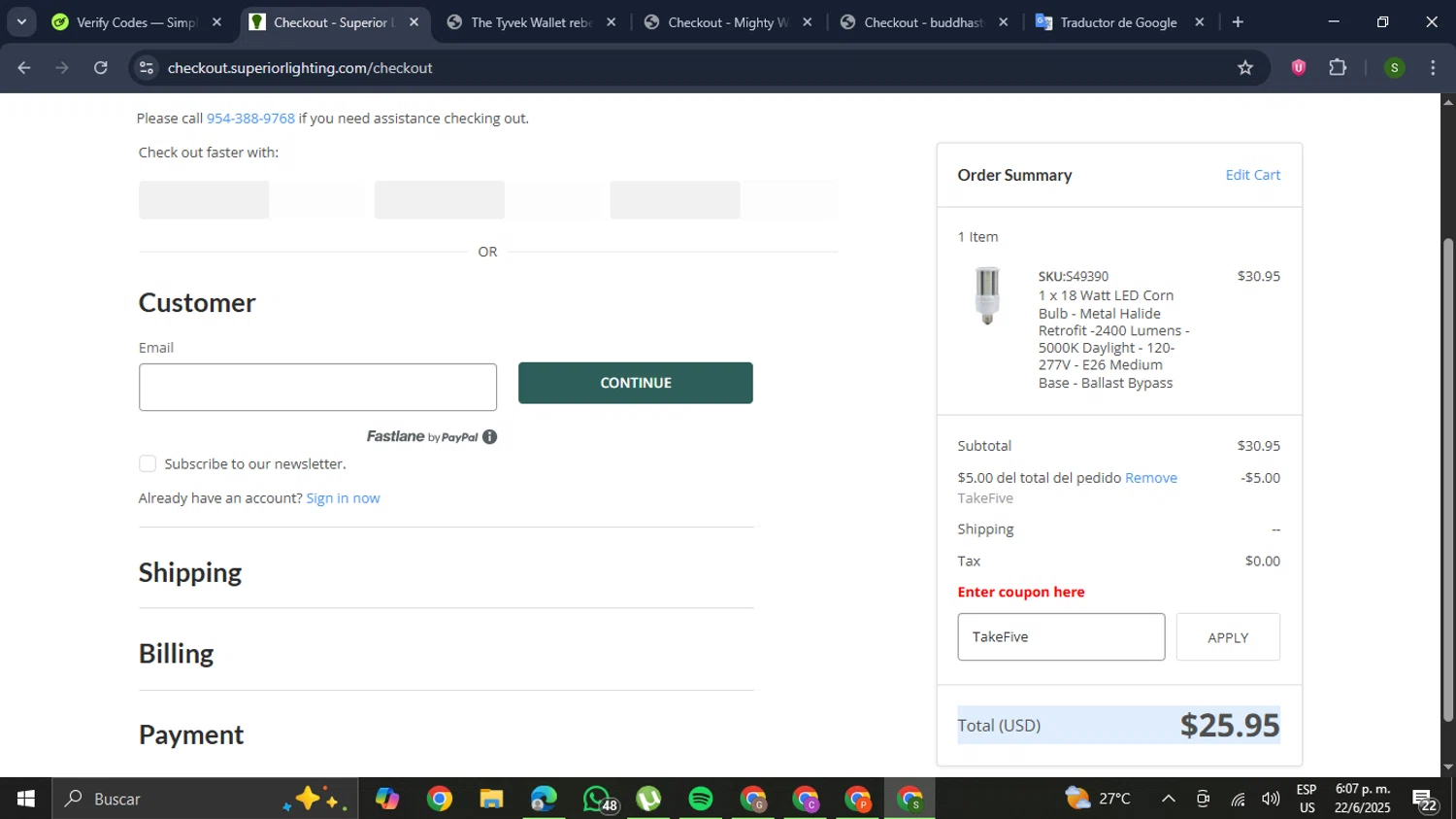 Superior lighting coupon code screenshot showing code TakeFive applied at Superior lighting checkout page. Uploaded by SimplyCodes community member RewardMaverick445 on Jun 22, 2025