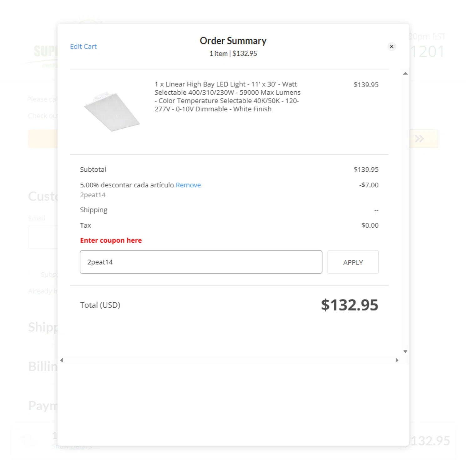 Superior lighting coupon code screenshot showing code 2peat14 applied at Superior lighting checkout page. Uploaded by SimplyCodes community member Beaaalmera on Aug 14, 2025