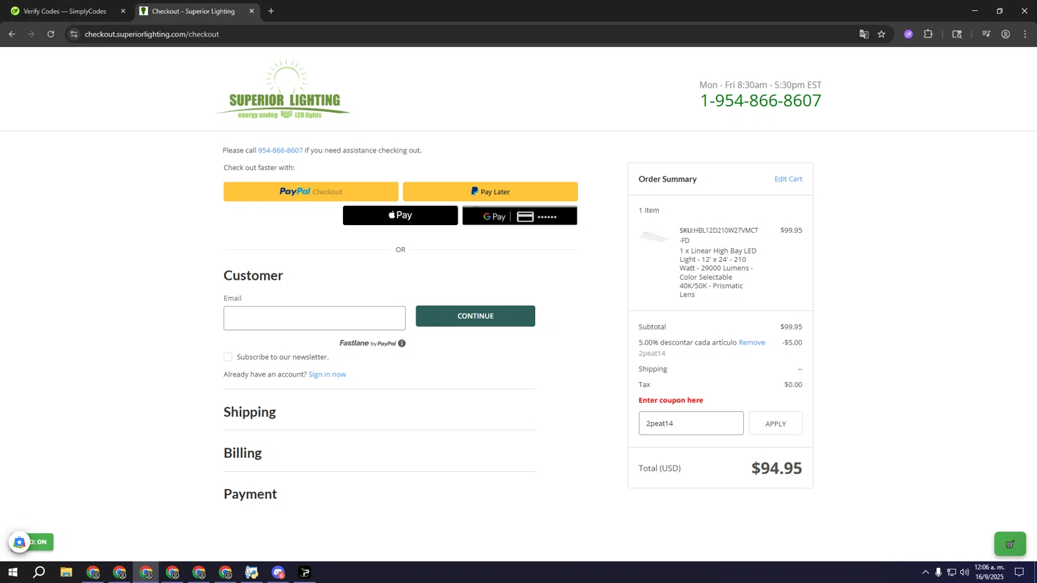 Superior lighting coupon code screenshot showing code 2peat14 applied at Superior lighting checkout page. Uploaded by SimplyCodes community member lllllllllllllll on Sep 16, 2025