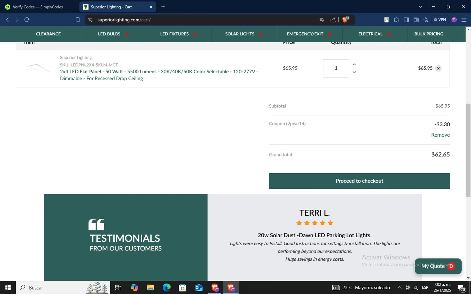 Superior lighting coupon code screenshot showing code 2peat14 applied at Superior lighting checkout page. Uploaded by SimplyCodes community member TokenSaver1205 on Jan 26, 2025