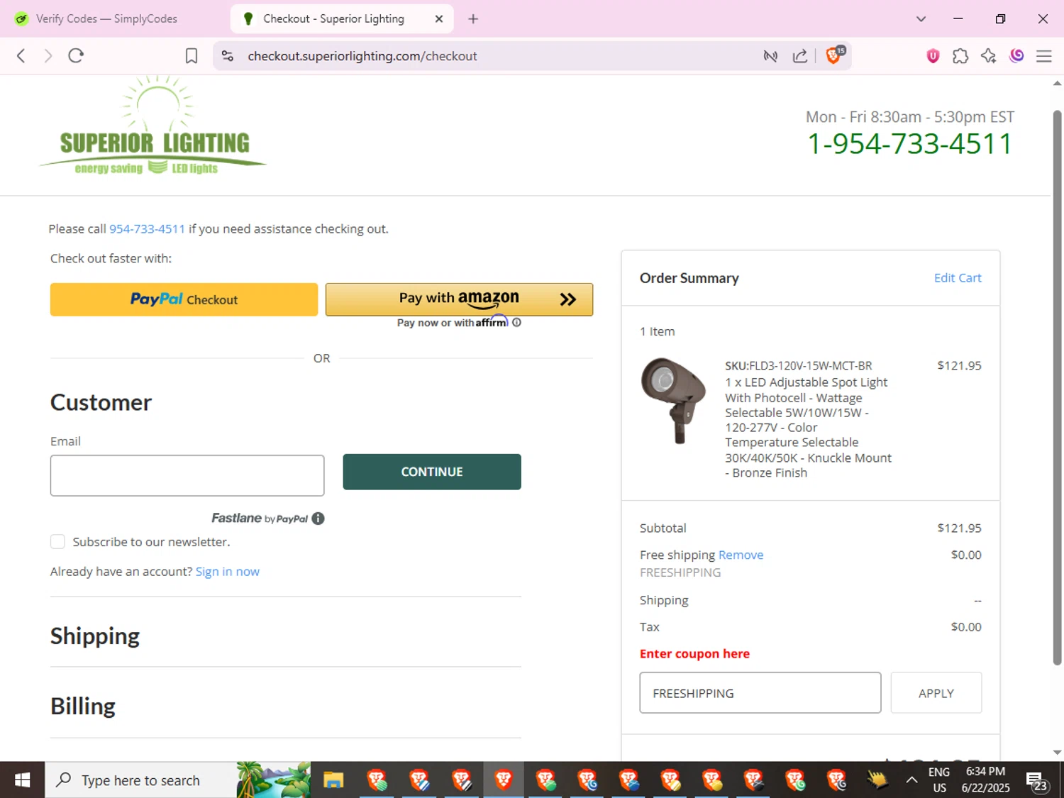Superior lighting coupon code screenshot showing code FREESHIPPING applied at Superior lighting checkout page. Uploaded by SimplyCodes community member Joserafa on Jun 22, 2025