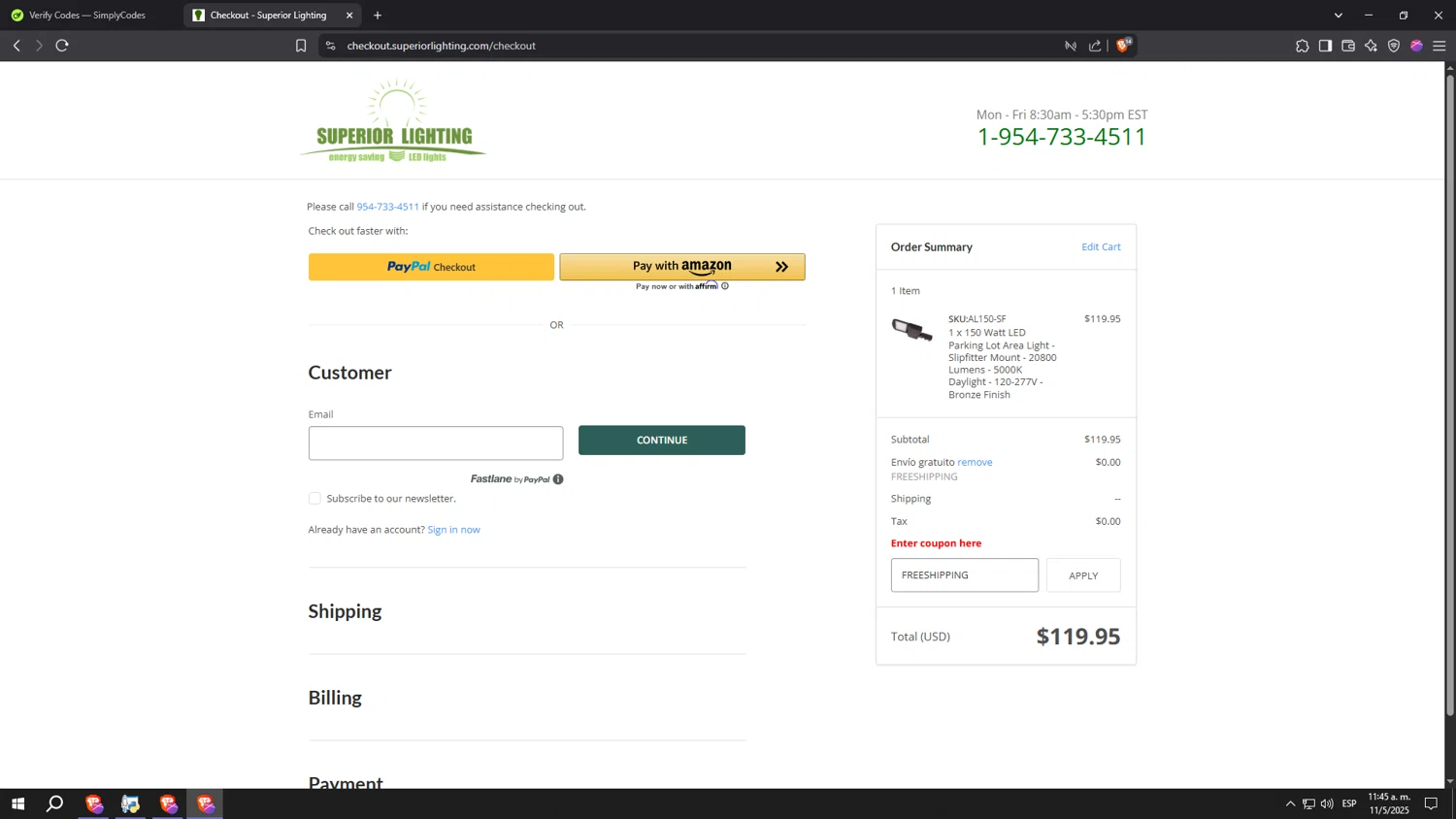 Superior lighting coupon code screenshot showing code FREESHIPPING applied at Superior lighting checkout page. Uploaded by SimplyCodes community member kkkkkkkkkkkkkkkkkkkk on May 11, 2025