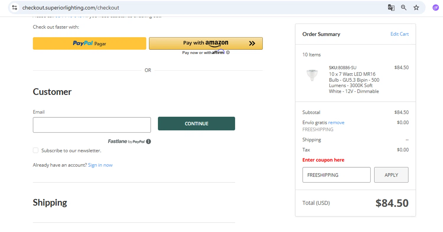 Superior lighting coupon code screenshot showing code FREESHIPPING applied at Superior lighting checkout page. Uploaded by SimplyCodes community member eudorasuarez on May 18, 2025