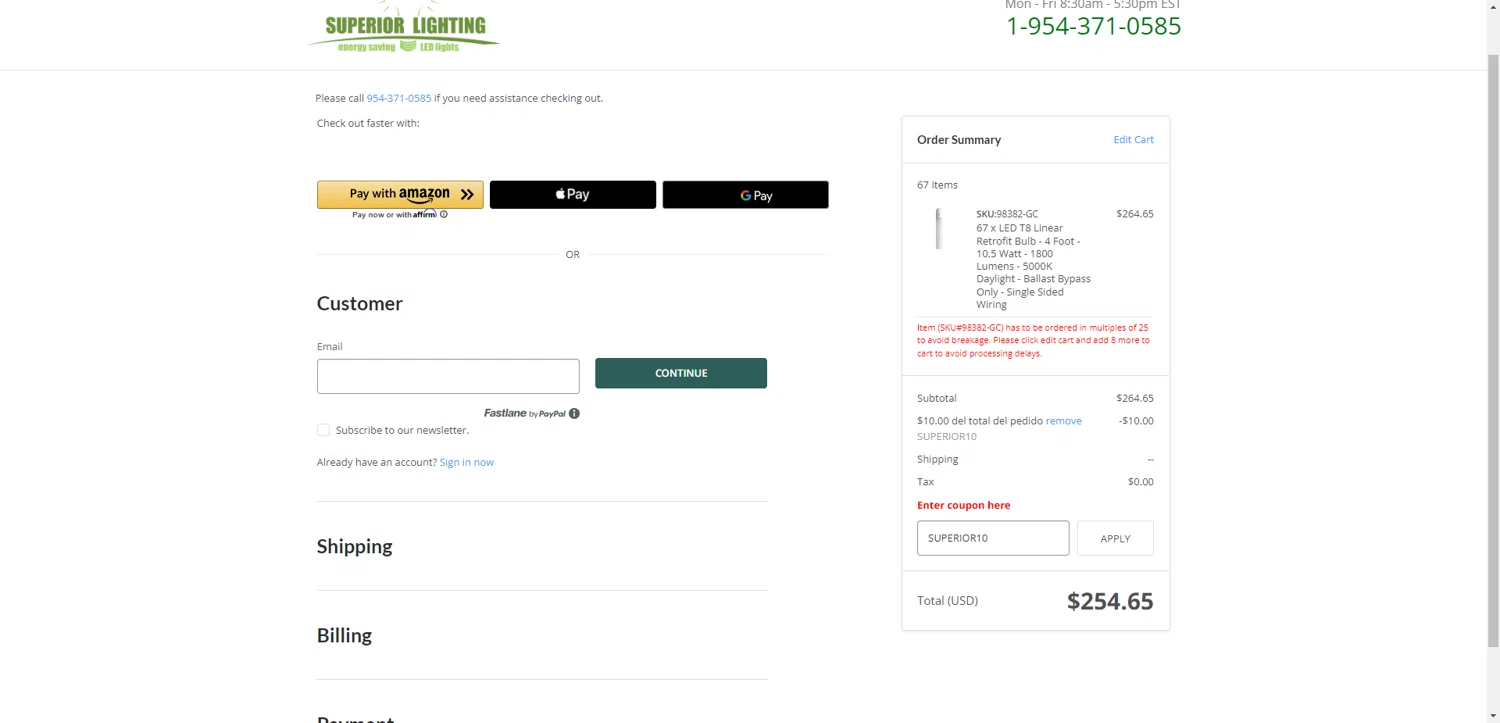 Superior lighting coupon code screenshot showing code SUPERIOR10 applied at Superior lighting checkout page. Uploaded by SimplyCodes community member ScanRanger3503 on May 11, 2025