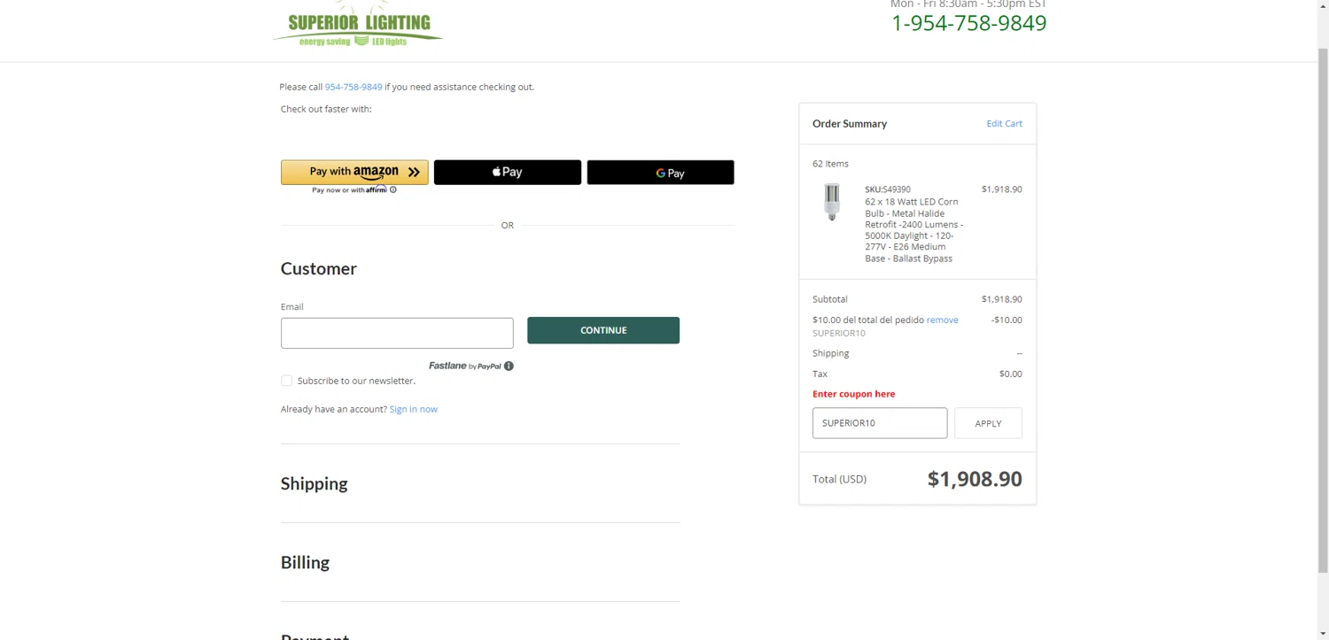 Superior lighting coupon code screenshot showing code SUPERIOR10 applied at Superior lighting checkout page. Uploaded by SimplyCodes community member ValiantAce1810 on May 11, 2025