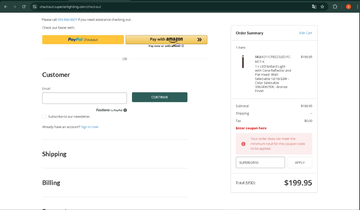 Superior lighting coupon code screenshot showing code SUPERIOR10 applied at Superior lighting checkout page. Uploaded by SimplyCodes community member VictoriaMoyeda on May 11, 2025
