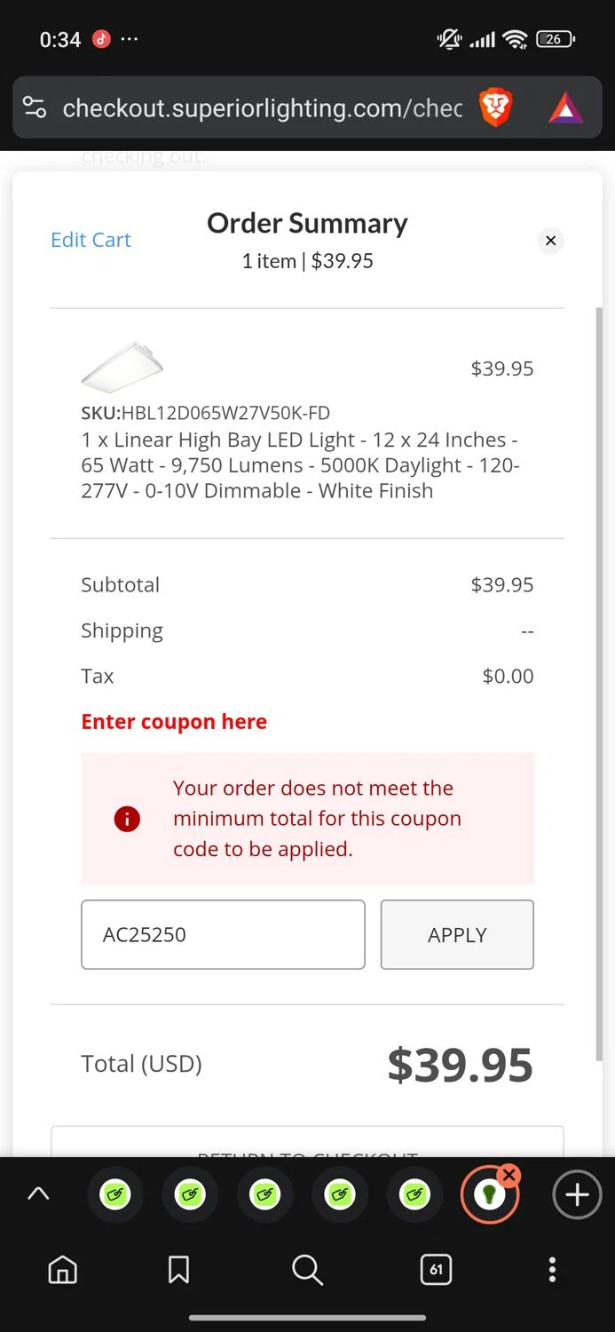 Superior lighting coupon code screenshot showing code AC25250 applied at Superior lighting checkout page. Uploaded by SimplyCodes community member Dejadepicharme on Sep 16, 2025