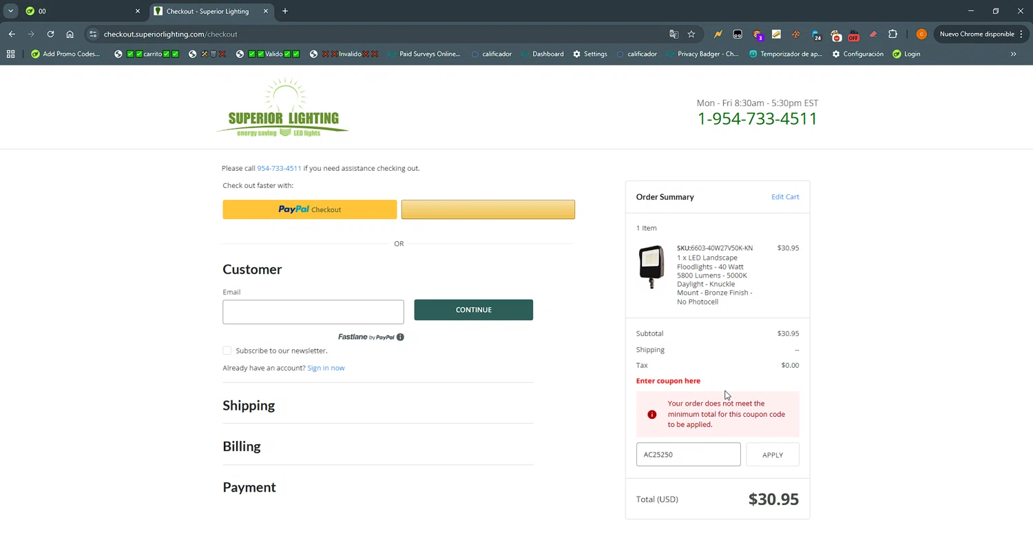 Superior lighting coupon code screenshot showing code AC25250 applied at Superior lighting checkout page. Uploaded by SimplyCodes community member LOgoter on Sep 16, 2025