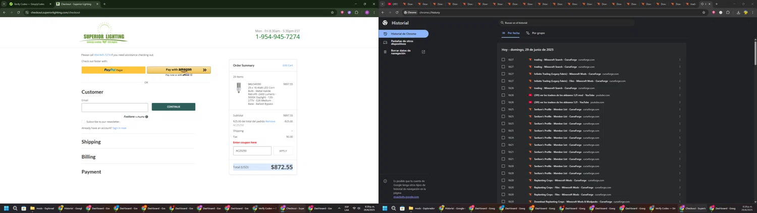 Superior lighting coupon code screenshot showing code AC25250 applied at Superior lighting checkout page. Uploaded by SimplyCodes community member RoyalSentinel4577 on Jun 29, 2025