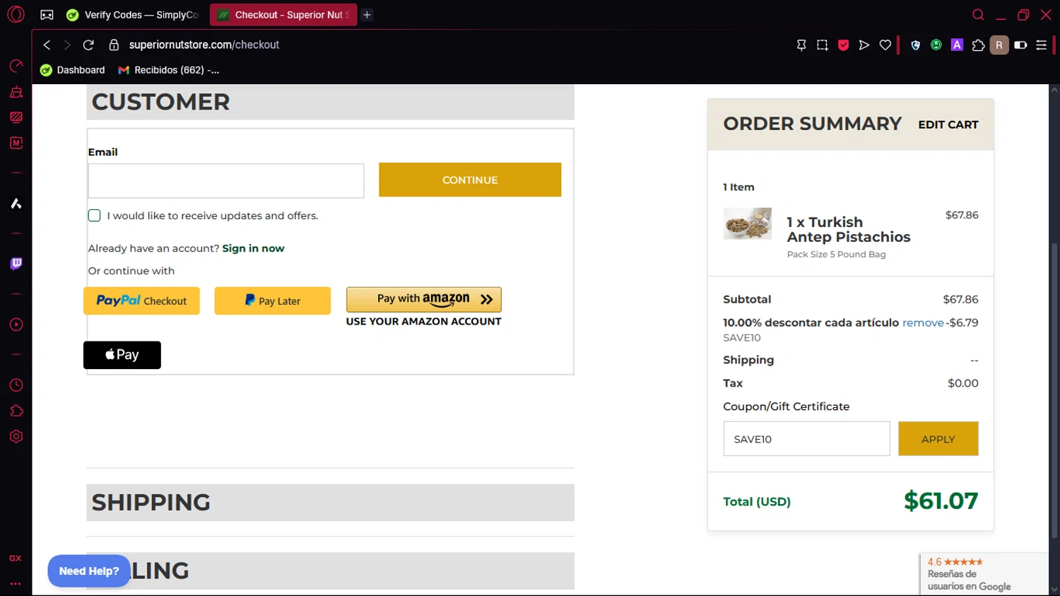Superior Nut Store coupon code screenshot showing code SAVE10 applied at Superior Nut Store checkout page. Uploaded by SimplyCodes community member Marole on May 18, 2025