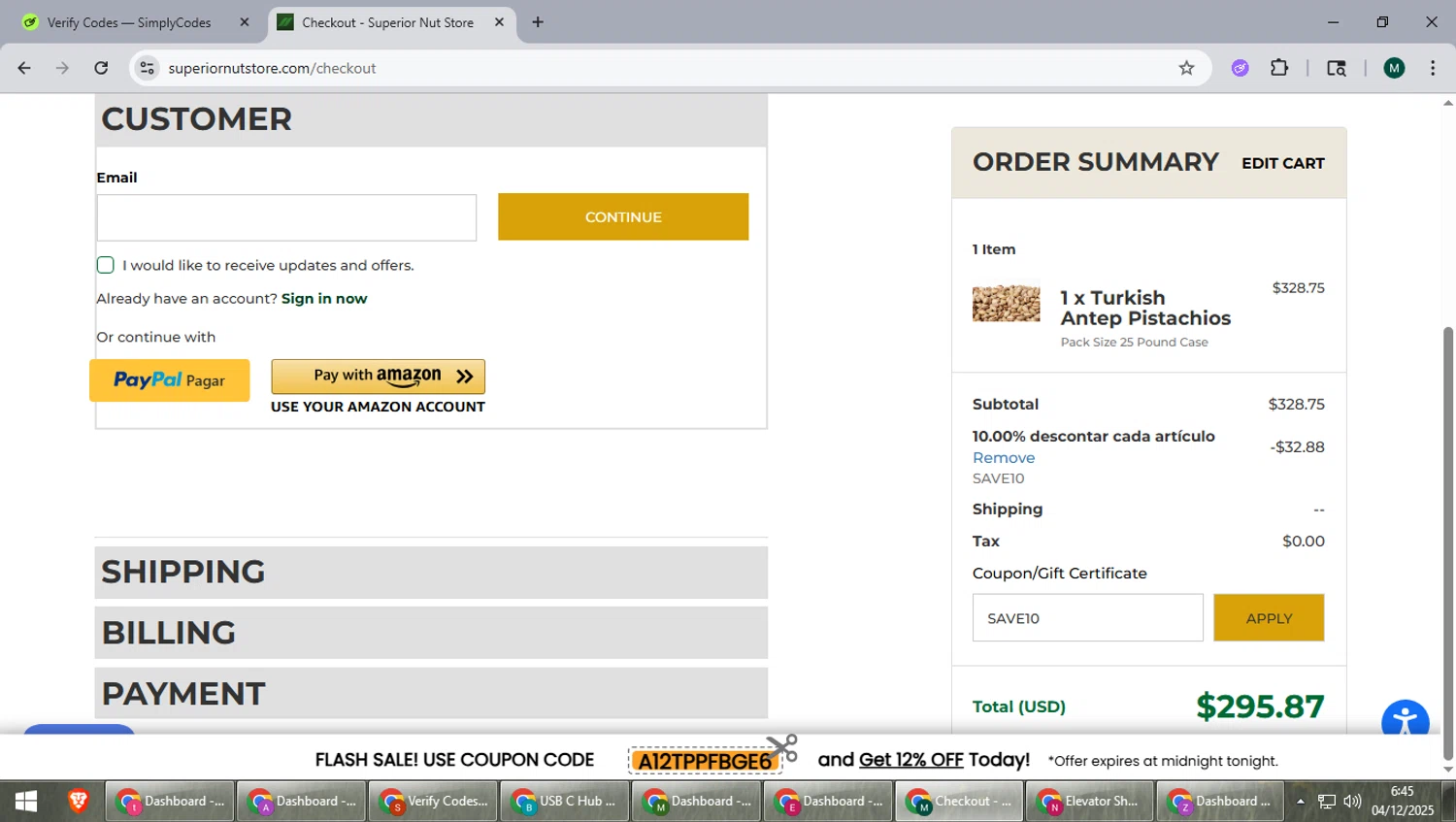 Superior Nut Store coupon code screenshot showing code SAVE10 applied at Superior Nut Store checkout page. Uploaded by SimplyCodes community member suieeloves on Dec 4, 2025