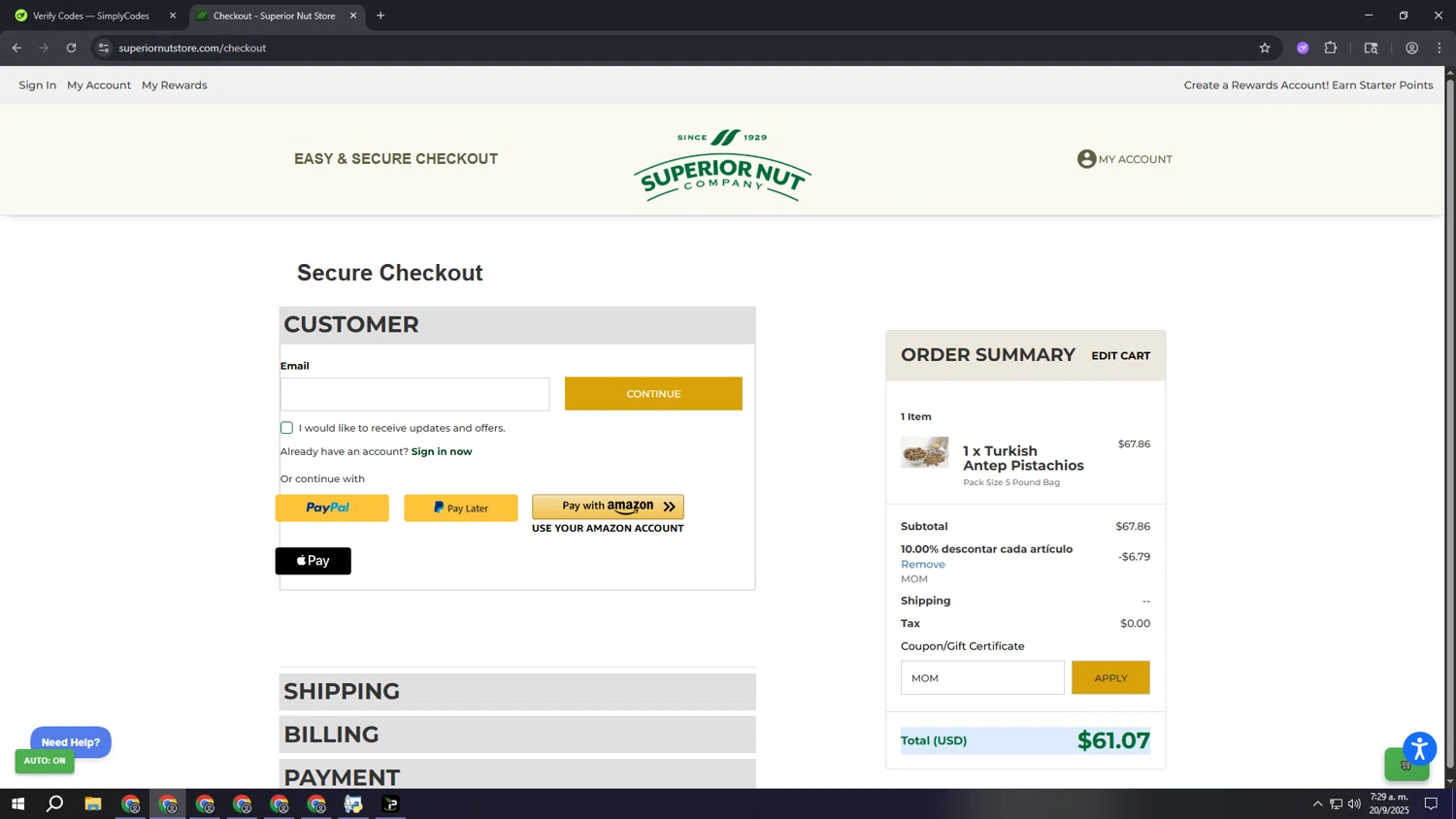 Superior Nut Store checkout page showing Superior Nut Store coupon code box | Screenshot taken by SimplyCodes community member on Sep 20, 2025