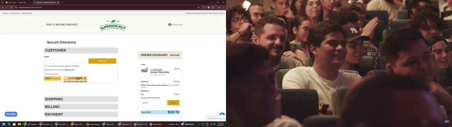 Superior Nut Store coupon code screenshot showing code SAVE12 applied at Superior Nut Store checkout page. Uploaded by SimplyCodes community member GloriousPioneer2942 on May 25, 2025