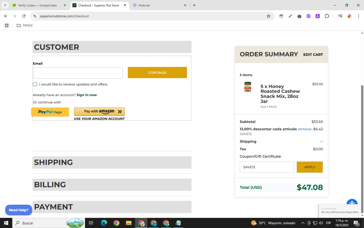 Superior Nut Store coupon code screenshot showing code SAVE12 applied at Superior Nut Store checkout page. Uploaded by SimplyCodes community member chemozavala on May 18, 2025