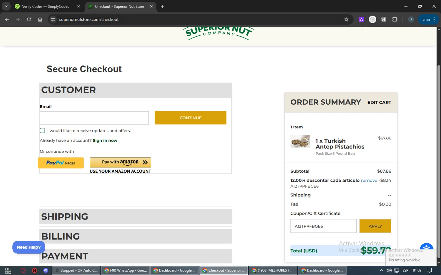 Superior Nut Store coupon code screenshot showing code A12TPPFBGE6 applied at Superior Nut Store checkout page. Uploaded by SimplyCodes community member PrimeMaven4654 on May 25, 2025