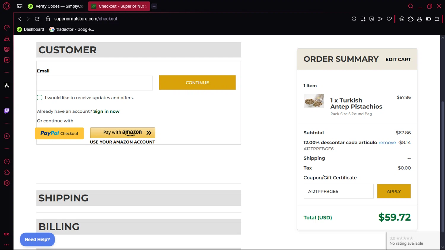 Superior Nut Store coupon code screenshot showing code A12TPPFBGE6 applied at Superior Nut Store checkout page. Uploaded by SimplyCodes community member RewardMaestro5838 on May 18, 2025