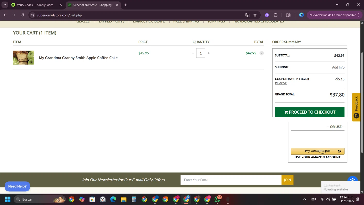 Superior Nut Store coupon code screenshot showing code A12TPPFBGE6 applied at Superior Nut Store checkout page. Uploaded by SimplyCodes community member VictoriousPioneer4638 on May 11, 2025