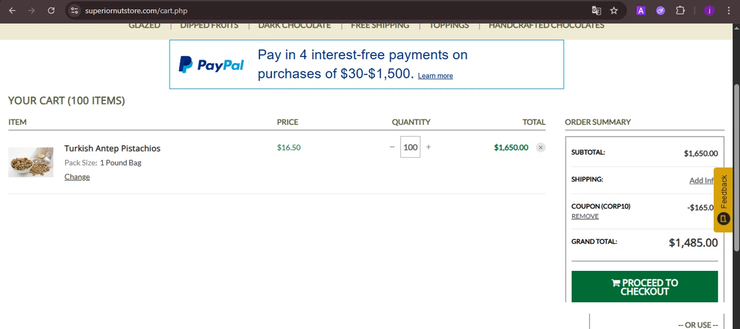 Superior Nut Store coupon code screenshot showing code CORP10 applied at Superior Nut Store checkout page. Uploaded by SimplyCodes community member CoinMaverick1452 on May 18, 2025